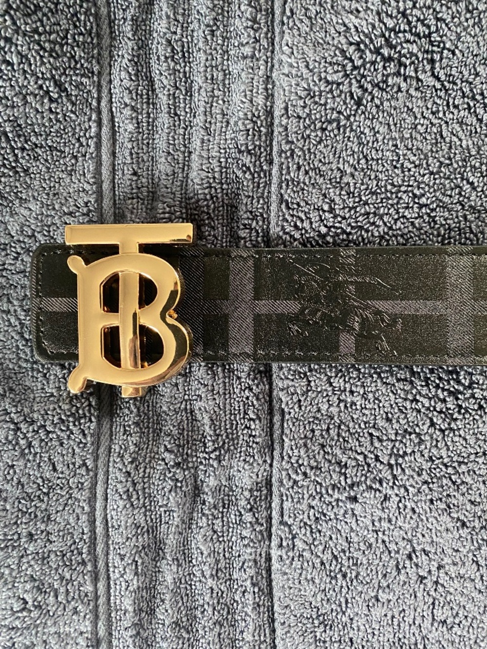 Gold “TB” Buckle on Reversible or Classic Print Burberry Belt. 120cm